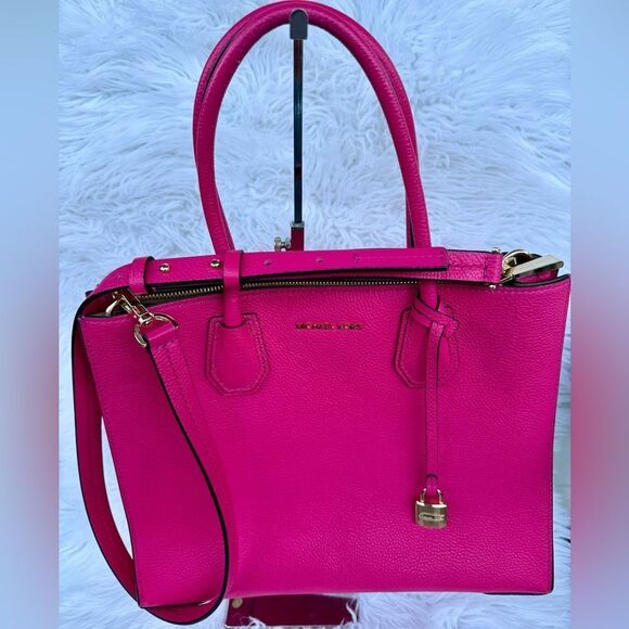 Michael Kors Fuchsia Pink Satchel – Pebbled Leather + Gold Lock & Strap - Picture 14 of 17